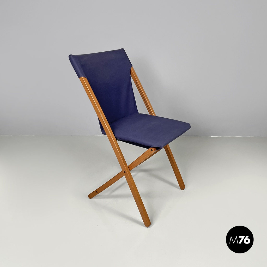 Italian post modern folding chair in wood and blue fabric structure, 1990s