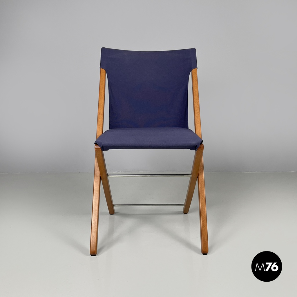 Italian post modern folding chair in wood and blue fabric structure, 1990s