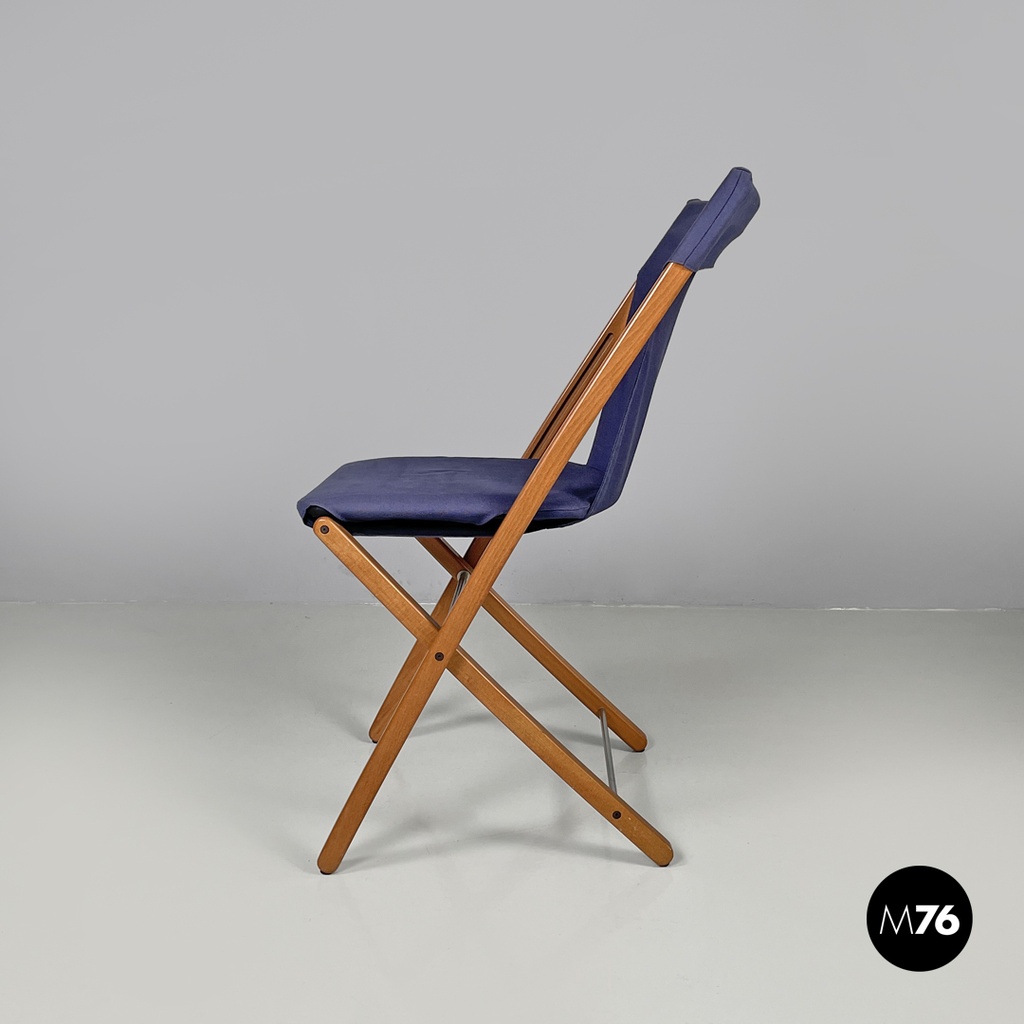 Italian post modern folding chair in wood and blue fabric structure, 1990s