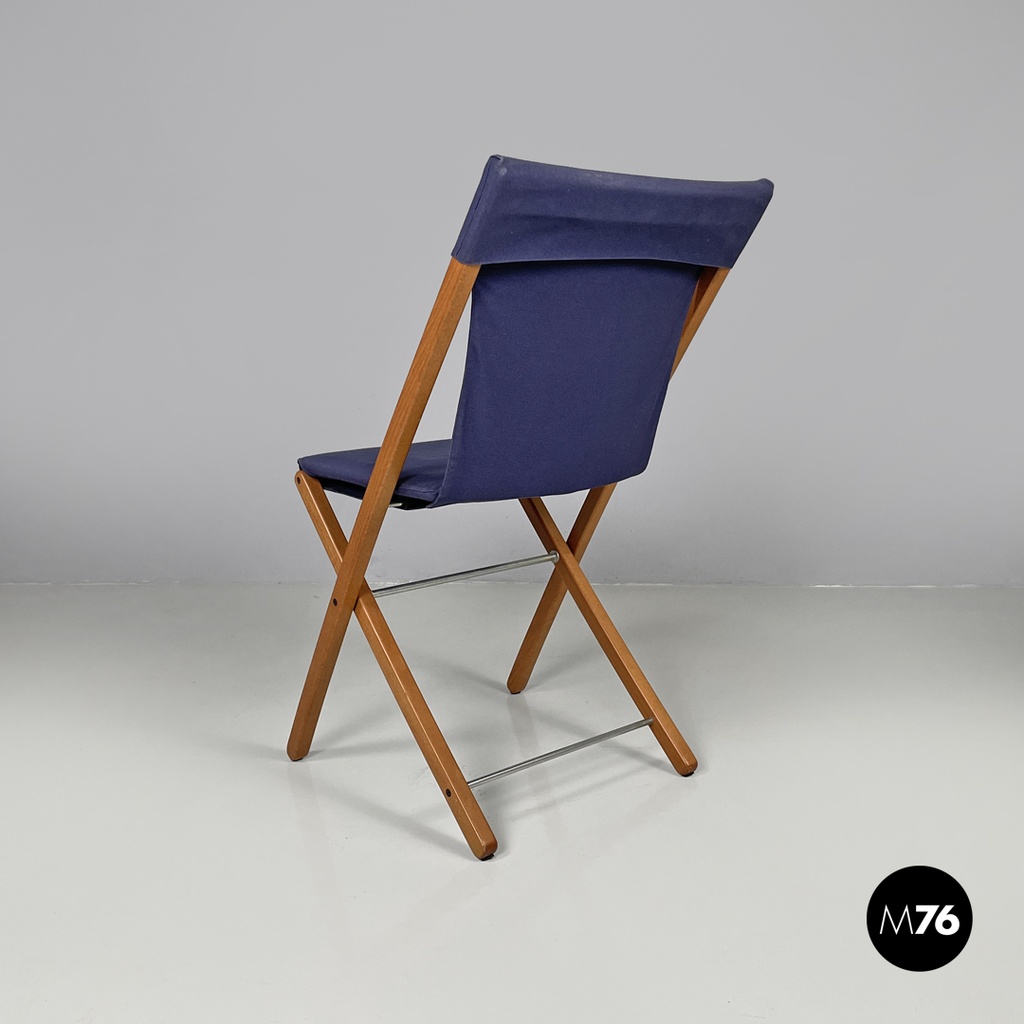 Italian post modern folding chair in wood and blue fabric structure, 1990s