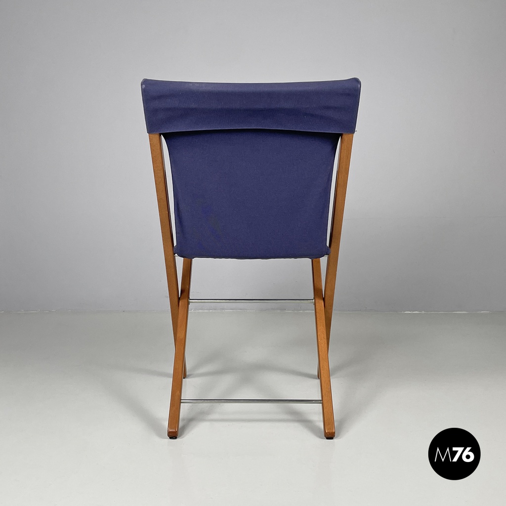 Italian post modern folding chair in wood and blue fabric structure, 1990s