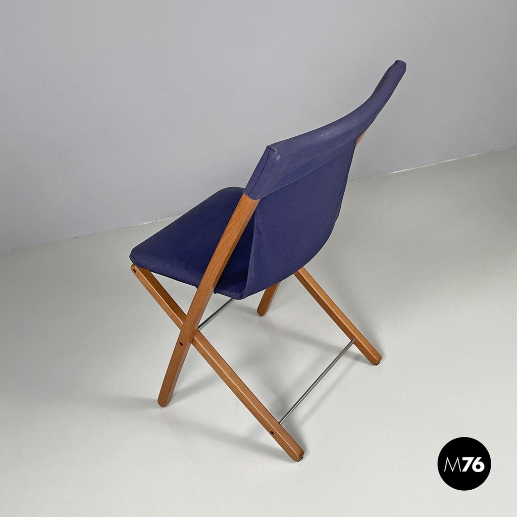 Italian post modern folding chair in wood and blue fabric structure, 1990s