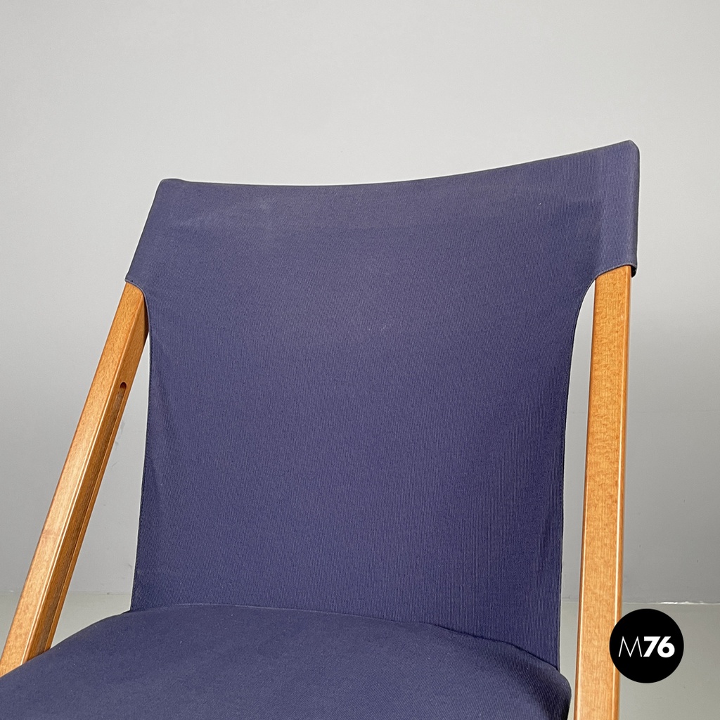 Italian post modern folding chair in wood and blue fabric structure, 1990s