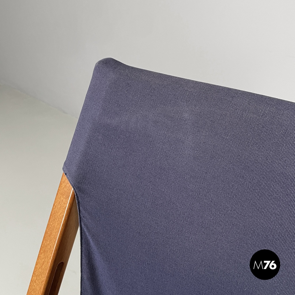 Italian post modern folding chair in wood and blue fabric structure, 1990s