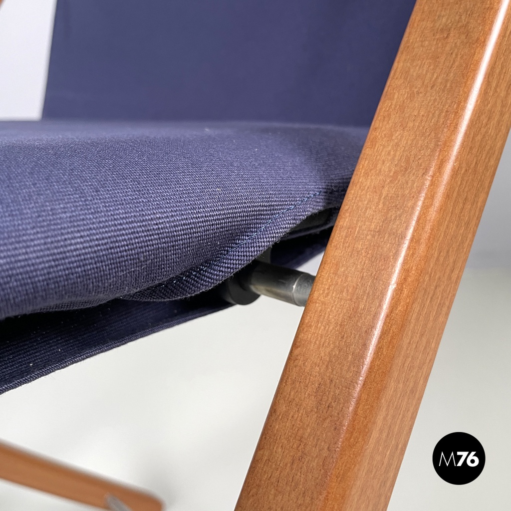 Italian post modern folding chair in wood and blue fabric structure, 1990s