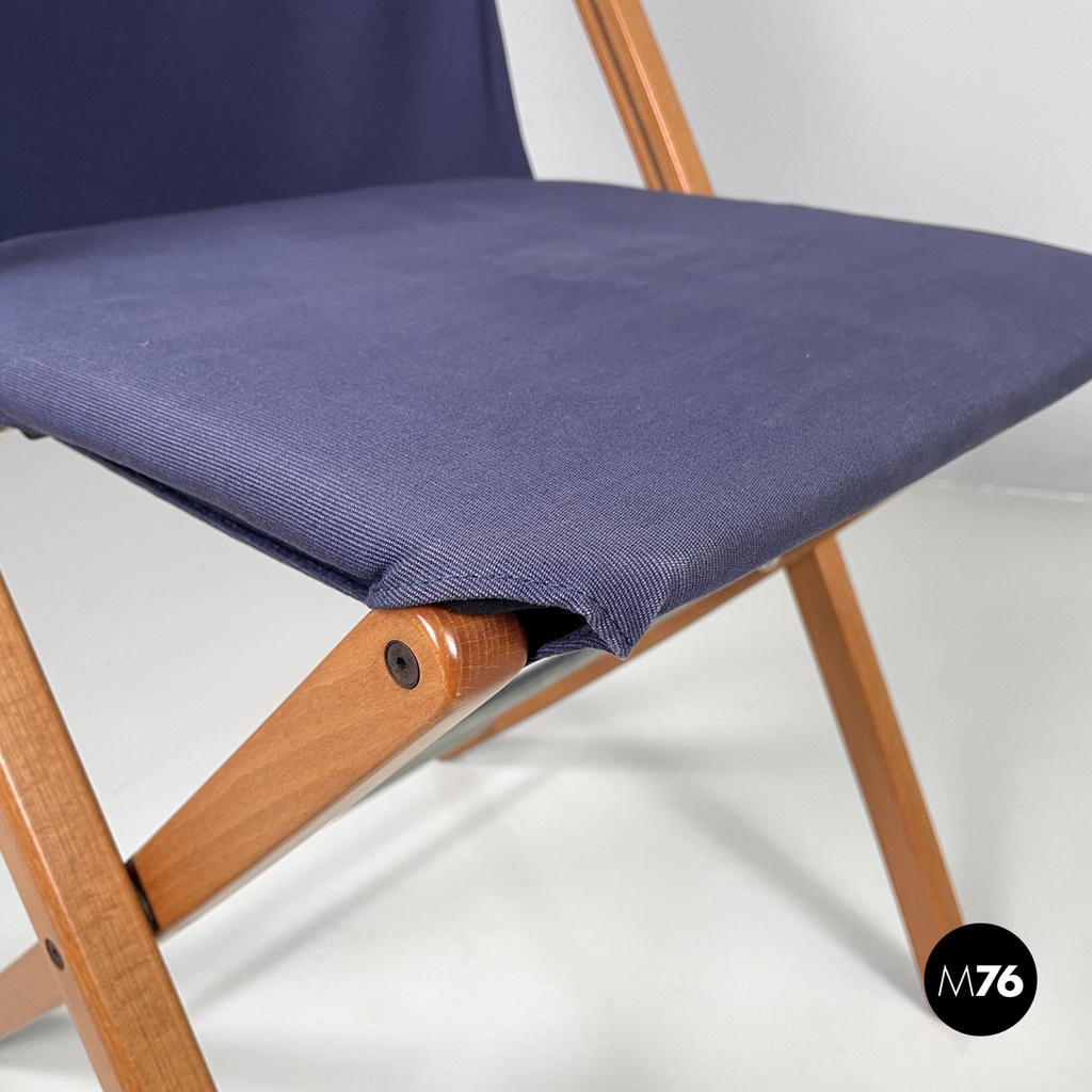 Italian post modern folding chair in wood and blue fabric structure, 1990s