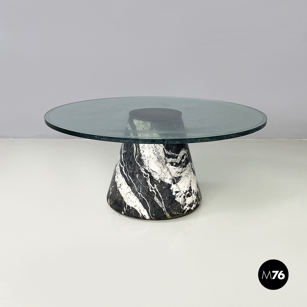 Italian modern Round coffee table in marble and glass, 1980s