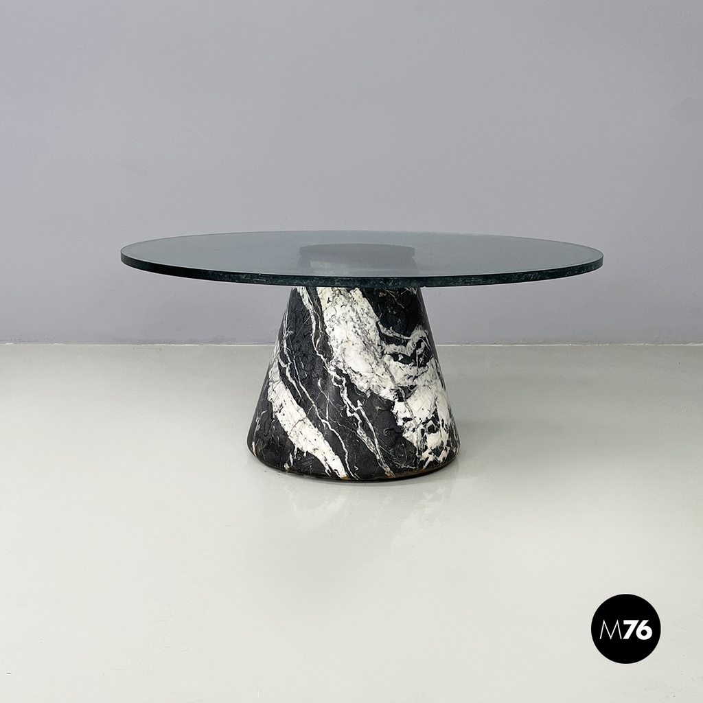 Italian modern Round coffee table in marble and glass, 1980s