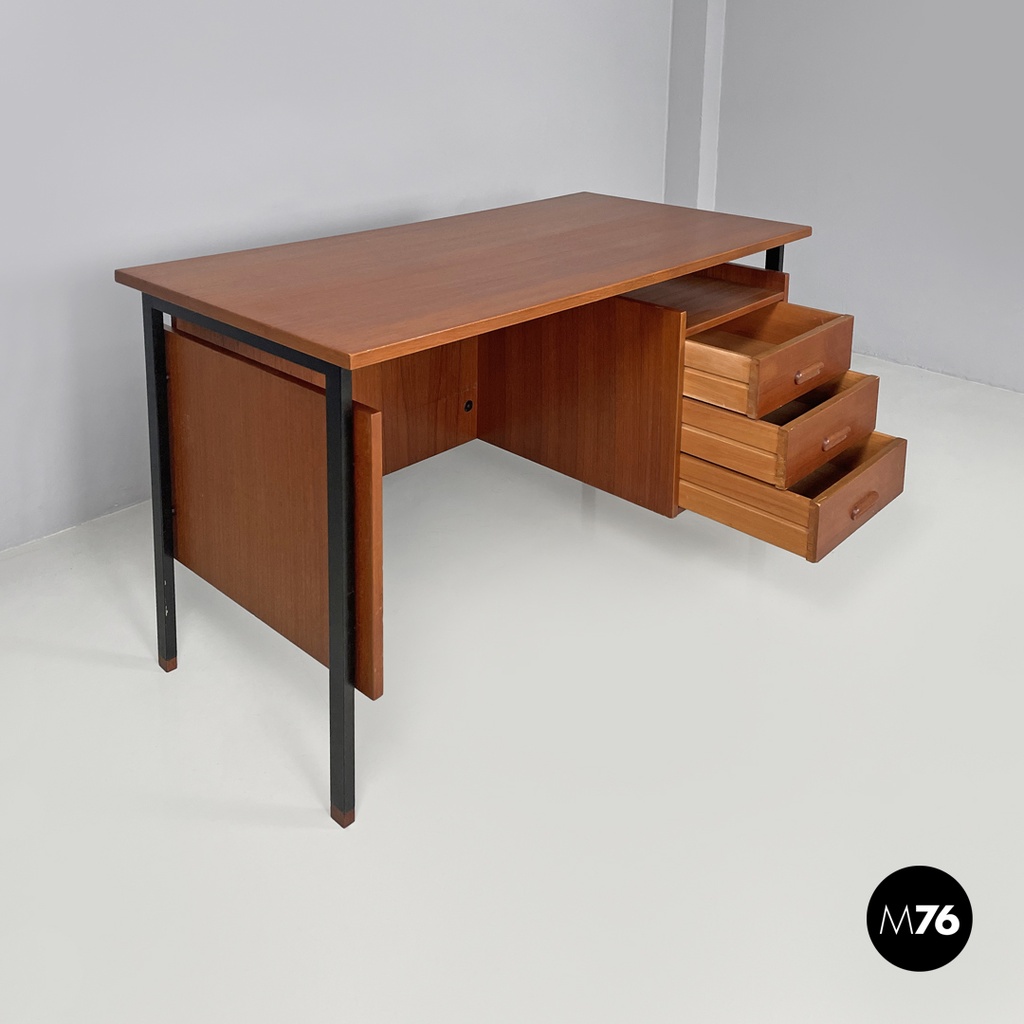 Italian mid-century modern wooden and black metal desk with three drawers, 1960s