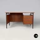 Italian mid-century modern wooden and black metal desk with three drawers, 1960s