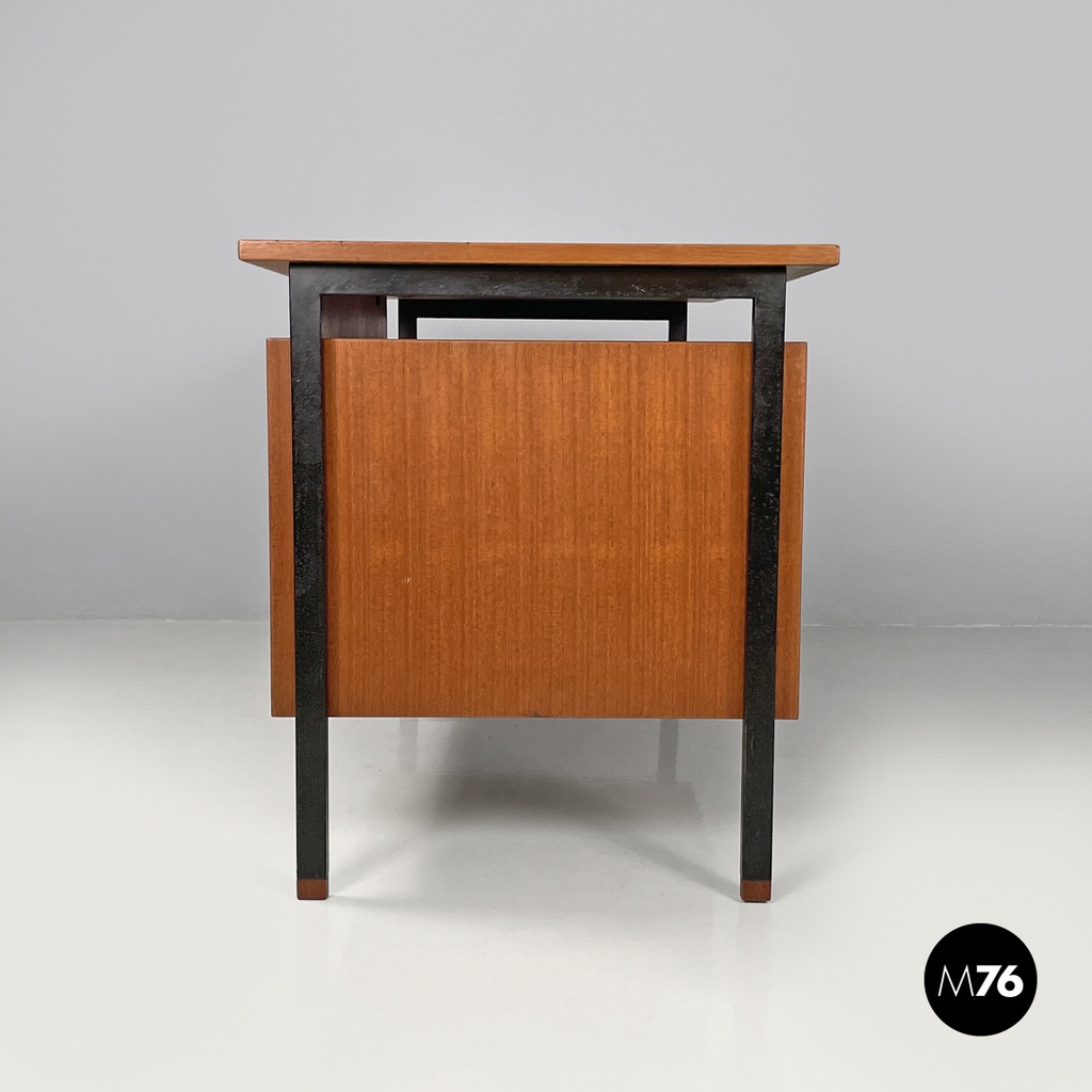 Italian mid-century modern wooden and black metal desk with three drawers, 1960s