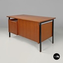 Italian mid-century modern wooden and black metal desk with three drawers, 1960s