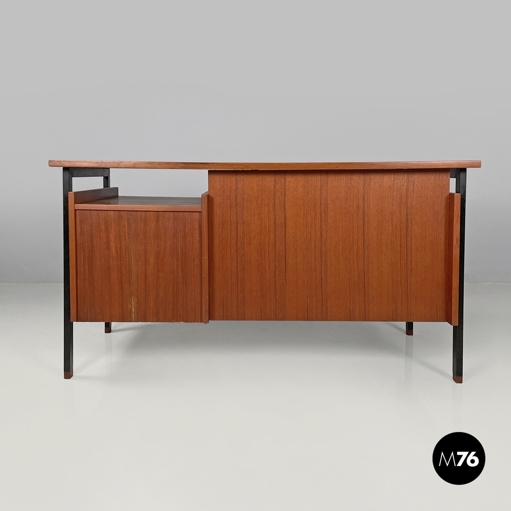 Italian mid-century modern wooden and black metal desk with three drawers, 1960s