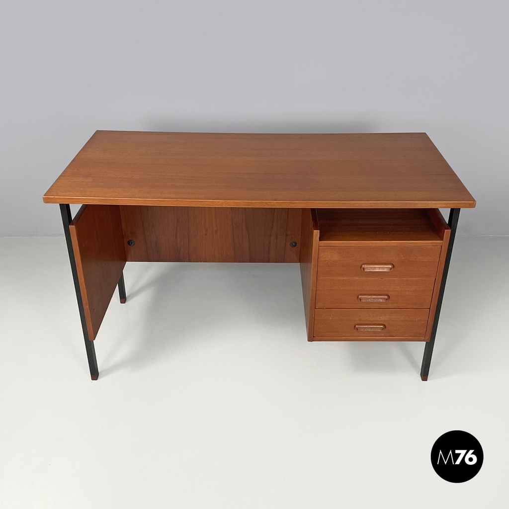 Italian mid-century modern wooden and black metal desk with three drawers, 1960s