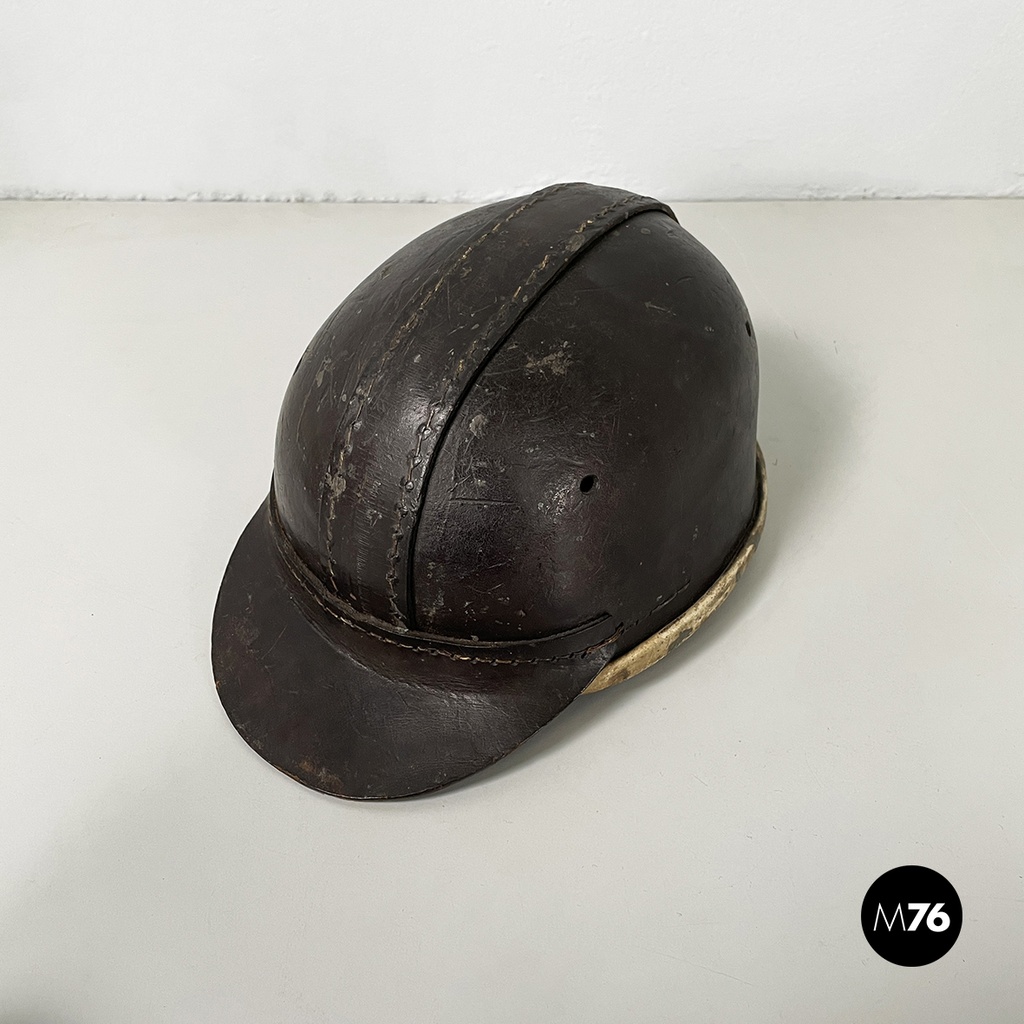 Poland Miner's helmet in dark brown and beige leather, late 1800s-early 1900s
