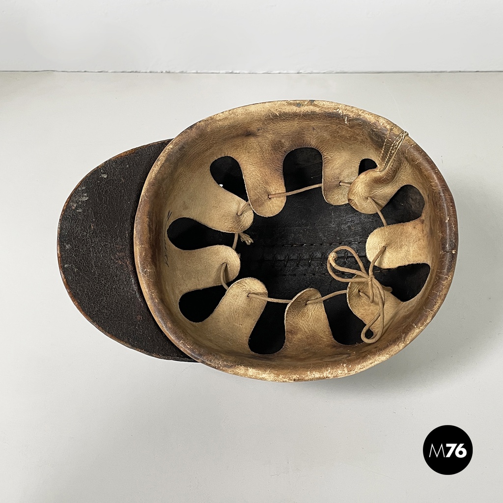 Poland Miner's helmet in dark brown and beige leather, late 1800s-early 1900s