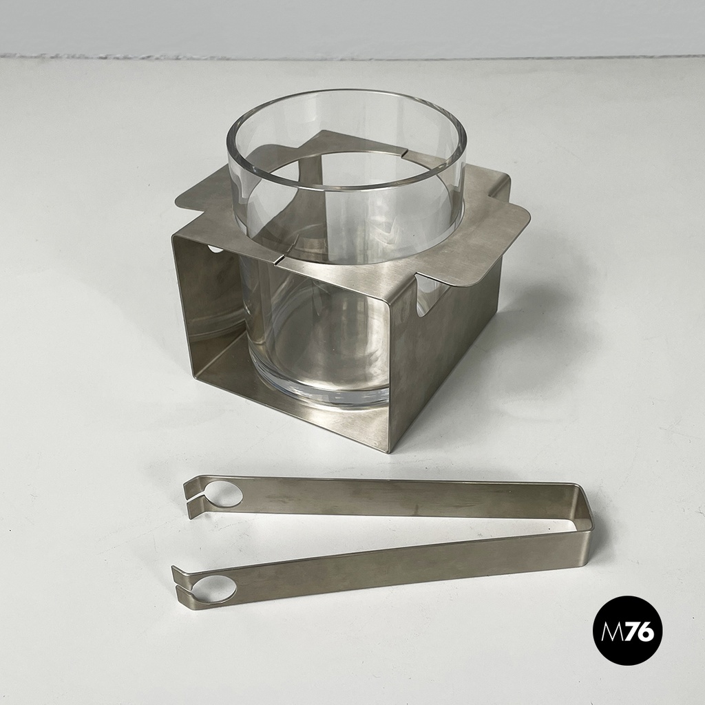 Italian modern glass and metal ice bucket with pliers by Zani & Zani, 1980s