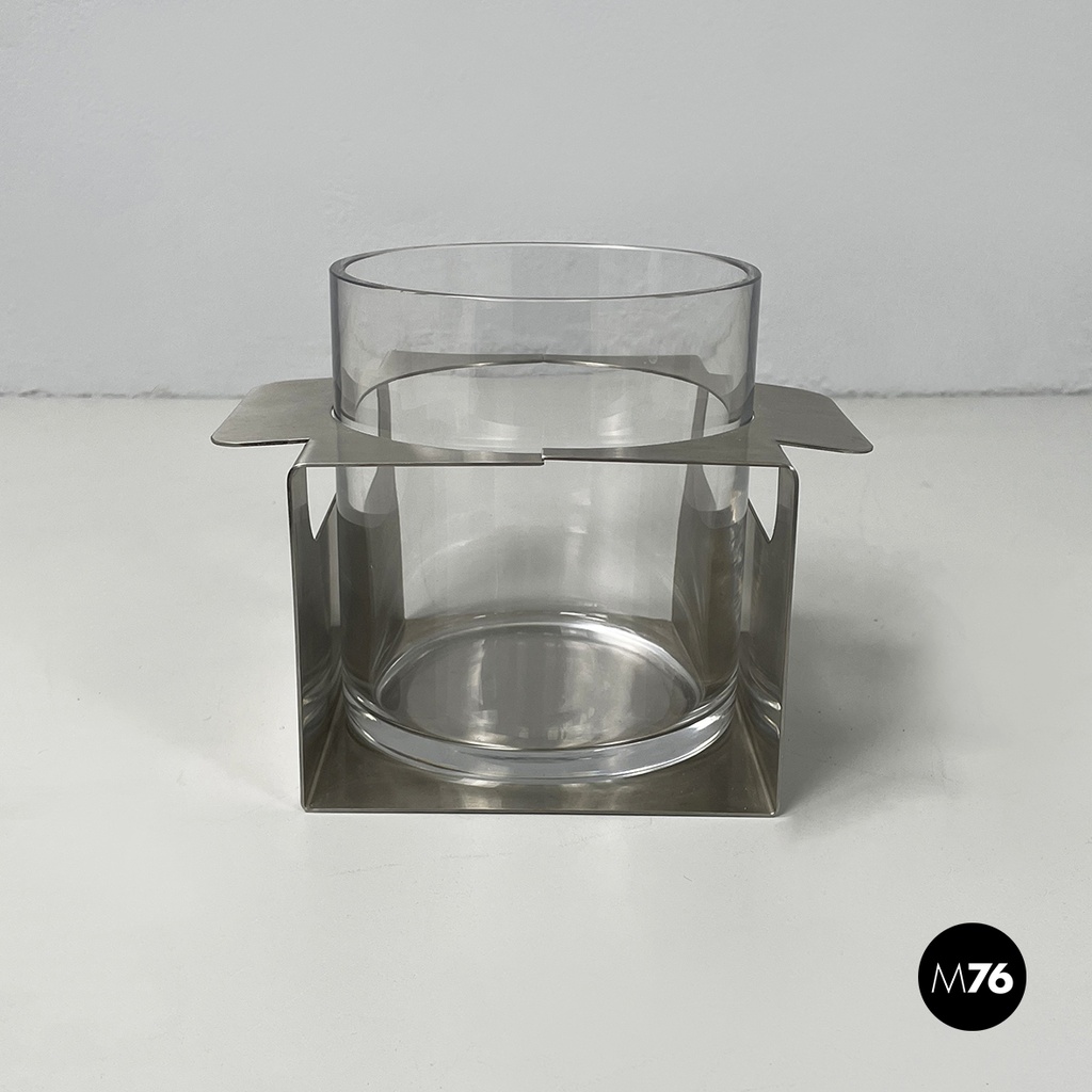 Italian modern glass and metal ice bucket with pliers by Zani & Zani, 1980s