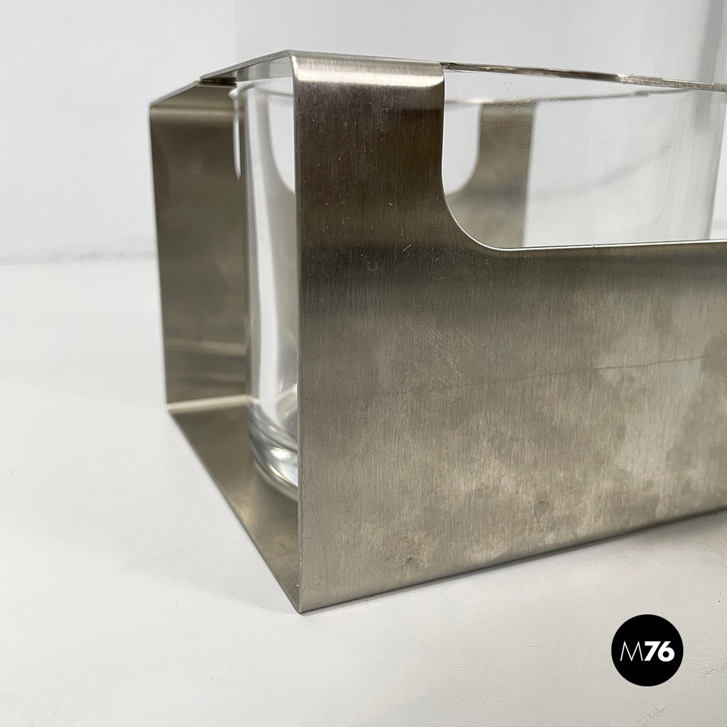 Italian modern glass and metal ice bucket with pliers by Zani & Zani, 1980s