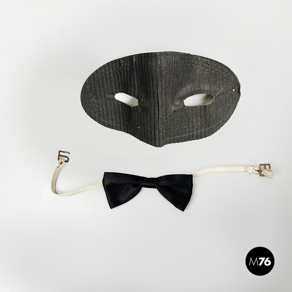 Italian party set with leather hatbox, top hat, mask, pipe and bow tie mid 1900s