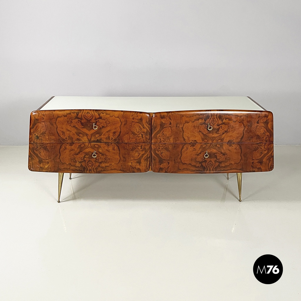 Italian mid-century modern Chest of drawers in wood, glass and brass, 1950s
