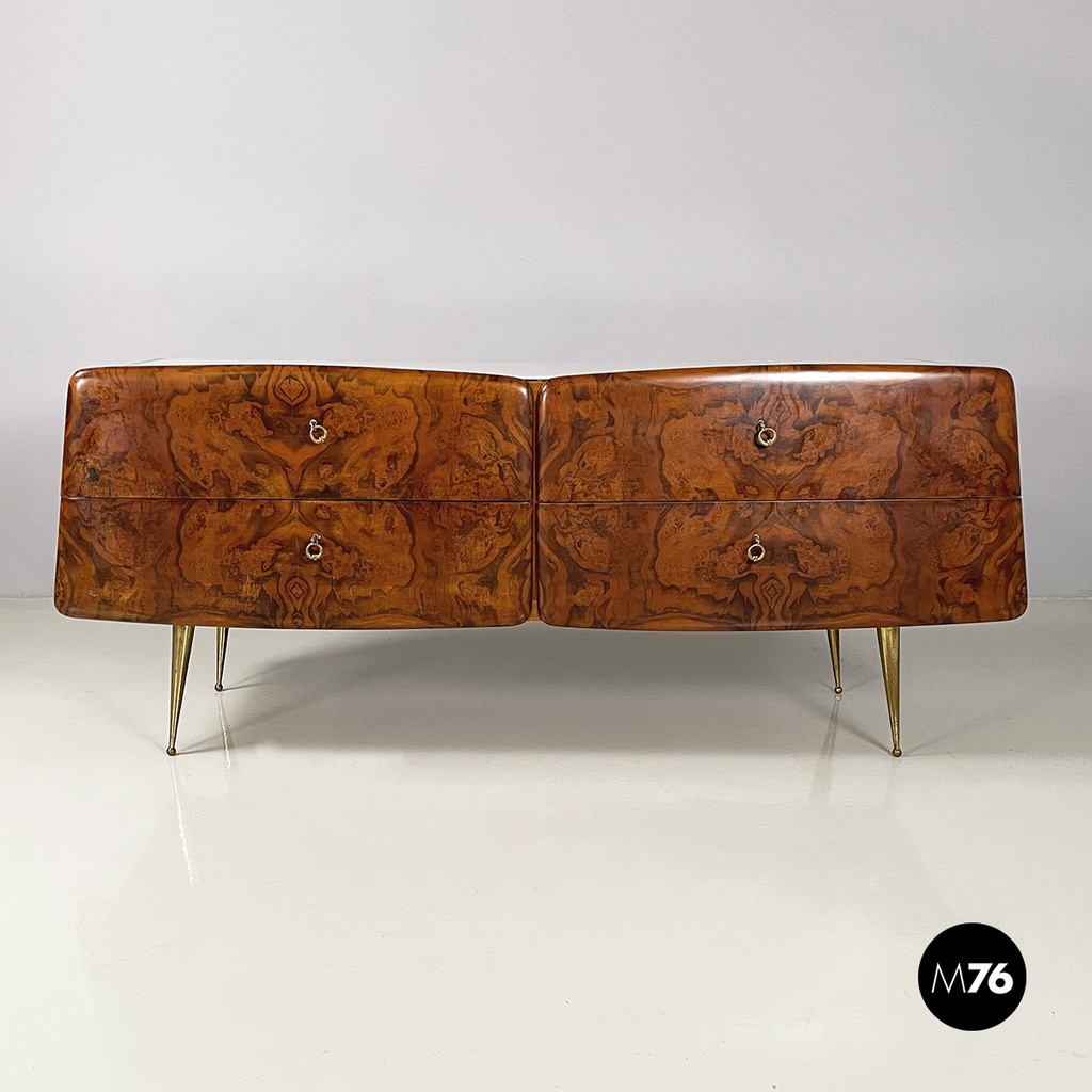 Italian mid-century modern Chest of drawers in wood, glass and brass, 1950s