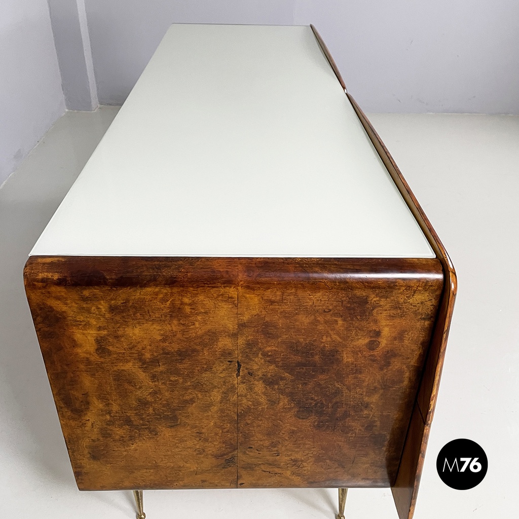 Italian mid-century modern Chest of drawers in wood, glass and brass, 1950s