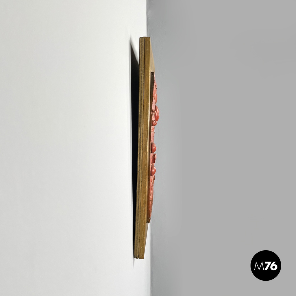 Argentine modern red ceramic golden wood sculpture painting by Carlos Carlè 1974