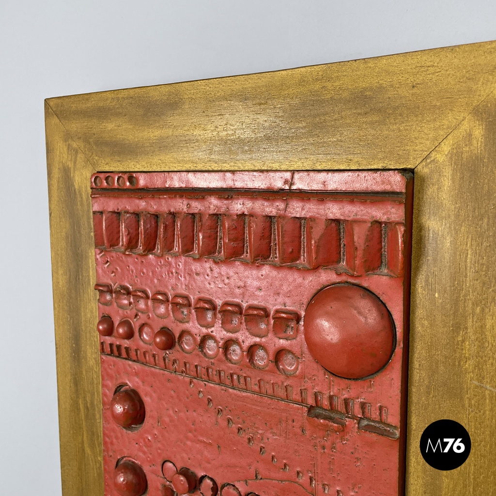 Argentine modern red ceramic golden wood sculpture painting by Carlos Carlè 1974