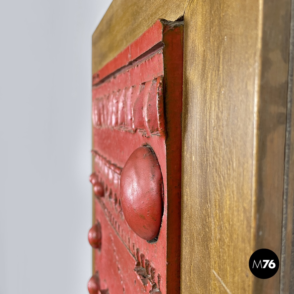 Argentine modern red ceramic golden wood sculpture painting by Carlos Carlè 1974