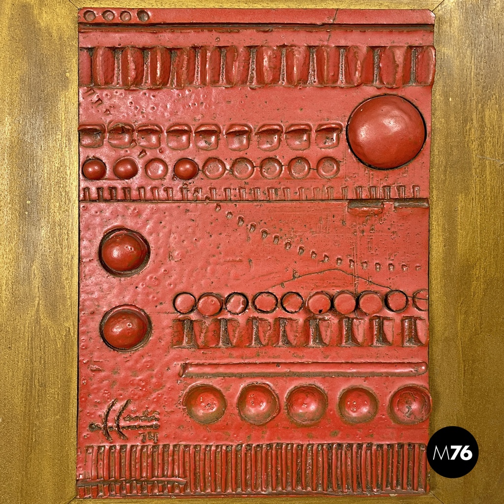 Argentine modern red ceramic golden wood sculpture painting by Carlos Carlè 1974