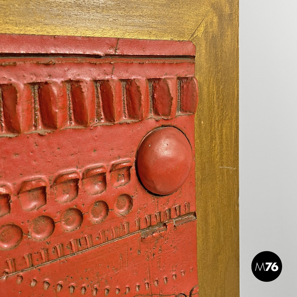 Argentine modern red ceramic golden wood sculpture painting by Carlos Carlè 1974