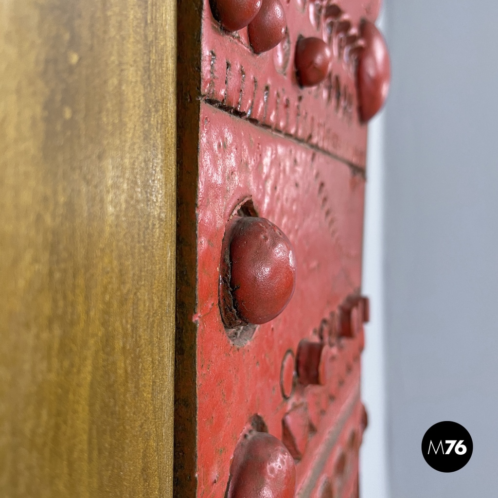 Argentine modern red ceramic golden wood sculpture painting by Carlos Carlè 1974