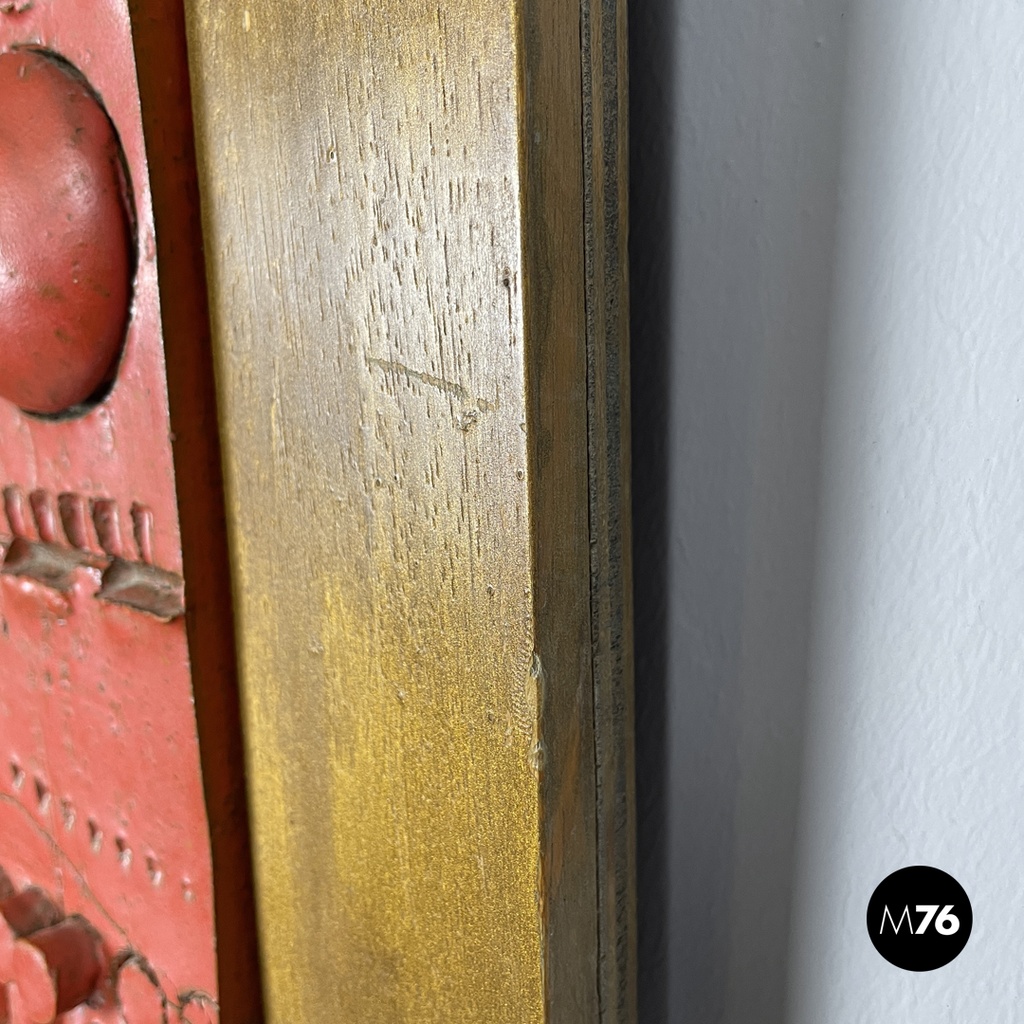 Argentine modern red ceramic golden wood sculpture painting by Carlos Carlè 1974