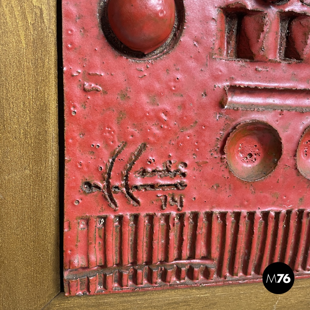 Argentine modern red ceramic golden wood sculpture painting by Carlos Carlè 1974