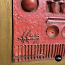 Argentine modern red ceramic golden wood sculpture painting by Carlos Carlè 1974