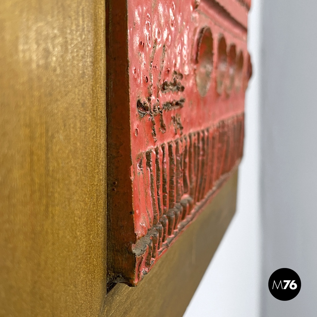 Argentine modern red ceramic golden wood sculpture painting by Carlos Carlè 1974