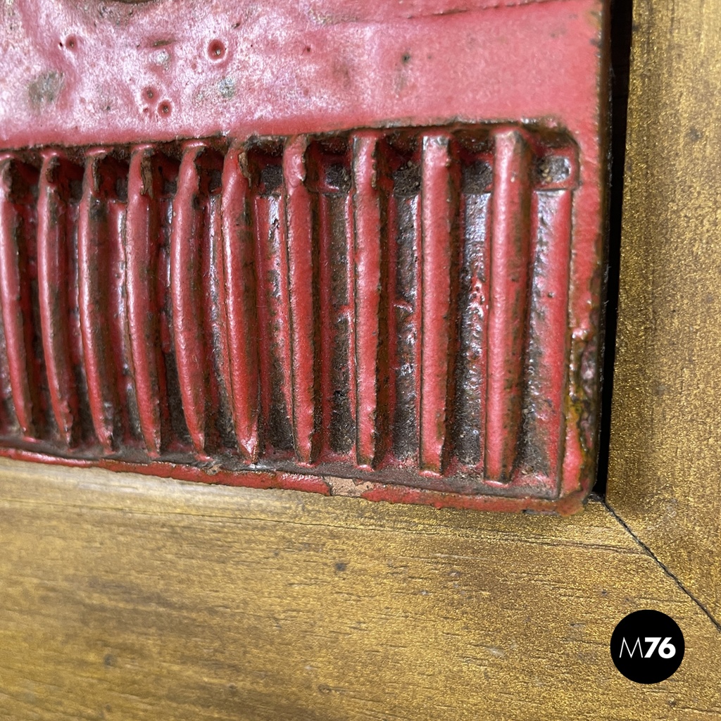 Argentine modern red ceramic golden wood sculpture painting by Carlos Carlè 1974