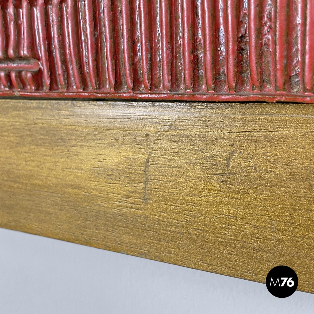 Argentine modern red ceramic golden wood sculpture painting by Carlos Carlè 1974