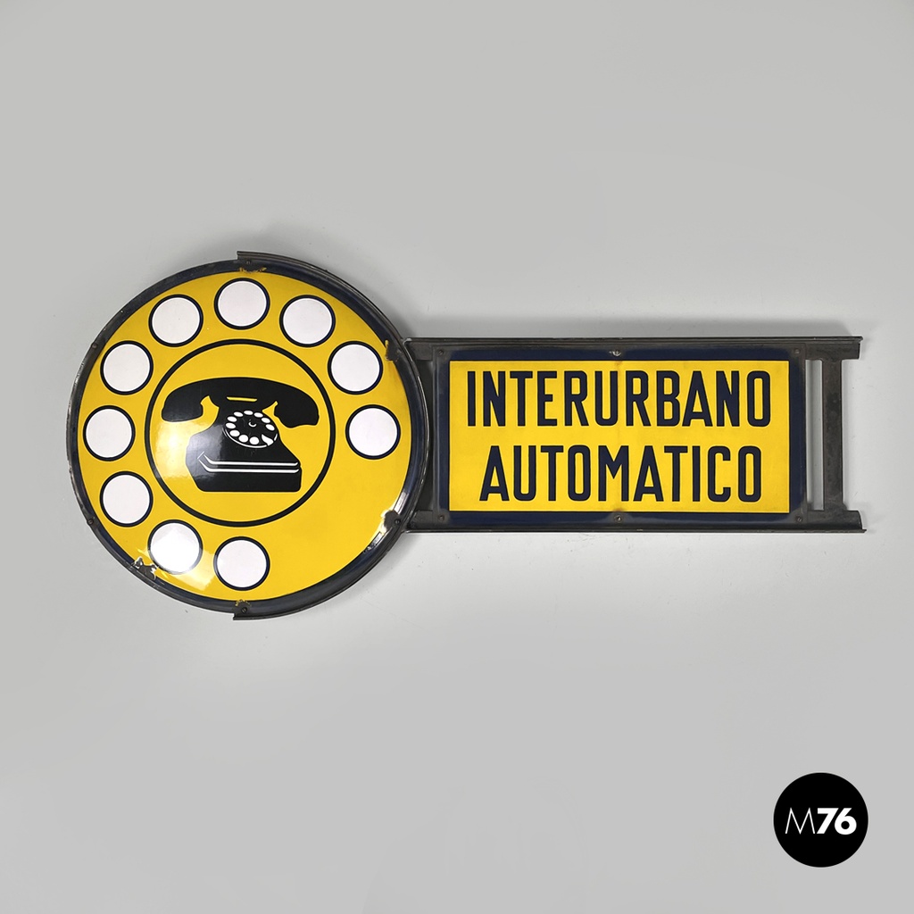 Italian mid-century modern yellow white and black metal telephone sign, 1960s