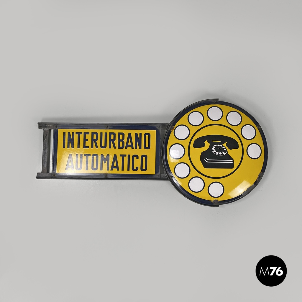 Italian mid-century modern yellow white and black metal telephone sign, 1960s