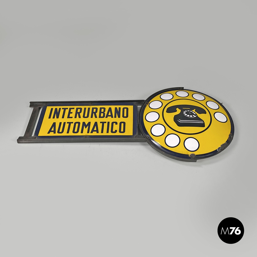 Italian mid-century modern yellow white and black metal telephone sign, 1960s