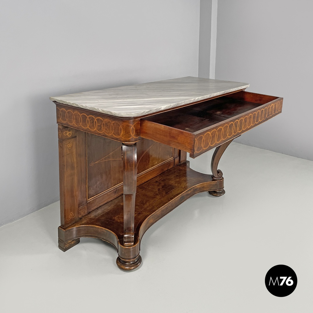 Italian antique console table in wood and marble with inlay decorations, 1840
