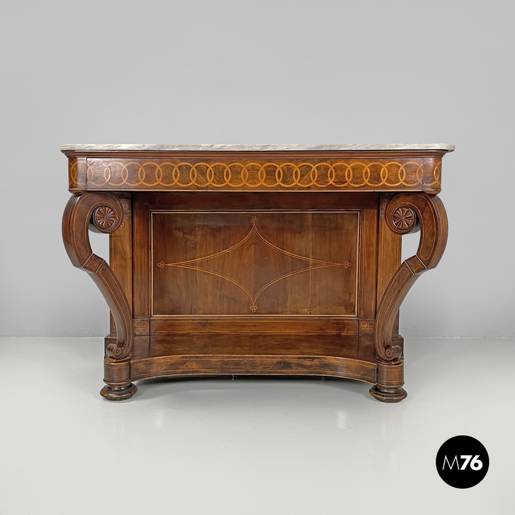 Italian antique console table in wood and marble with inlay decorations, 1840