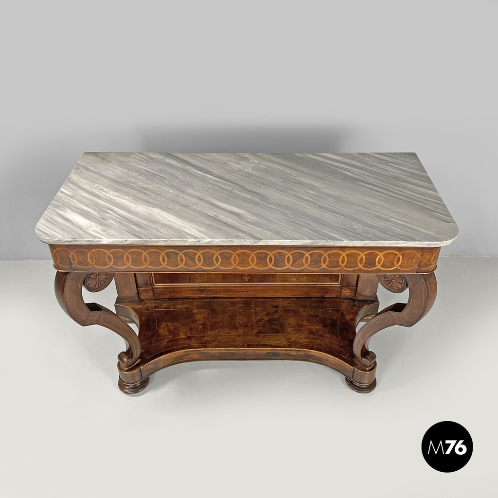 Italian antique console table in wood and marble with inlay decorations, 1840