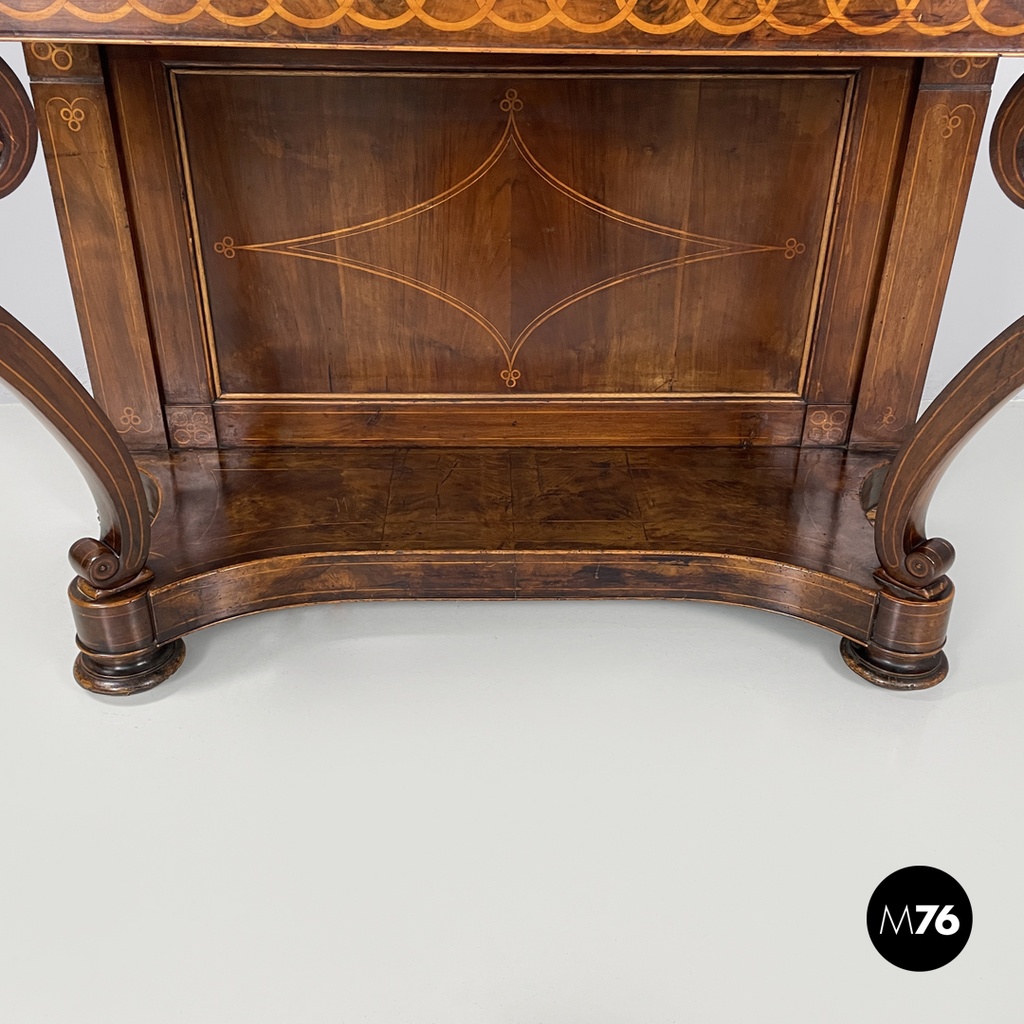 Italian antique console table in wood and marble with inlay decorations, 1840