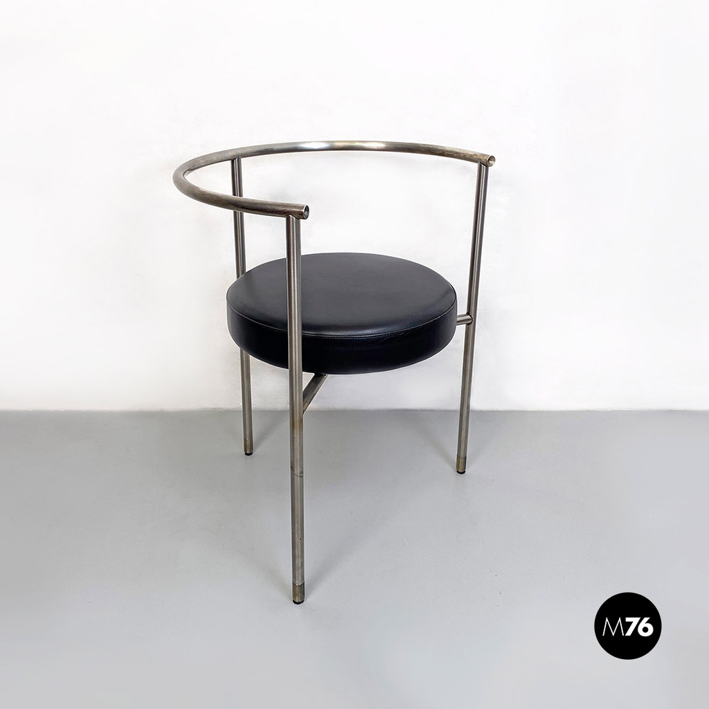 Italian Post Modern Cockpit Shape Leather and Steel Side Chair, 1980s