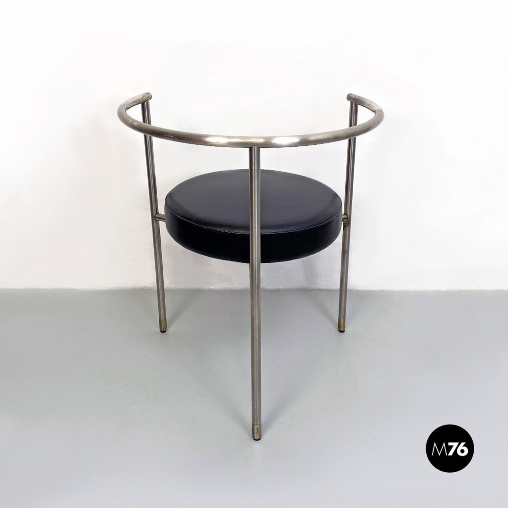 Italian Post Modern Cockpit Shape Leather and Steel Side Chair, 1980s