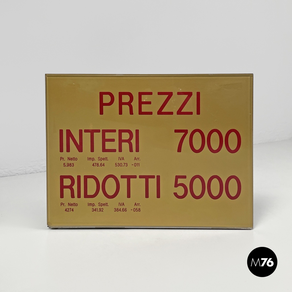 Italian mid-century modern cinema prices sign in golden and red plastic, 1960s