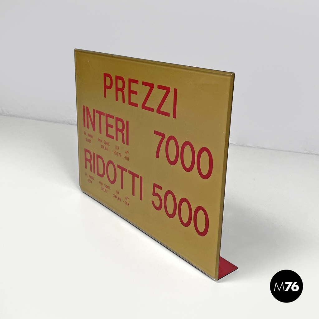Italian mid-century modern cinema prices sign in golden and red plastic, 1960s